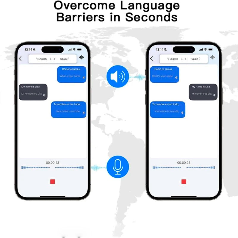 Two smartphones displaying a language translation app with text and speech bubbles on a world map background.
