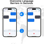 Two smartphones displaying a language translation app with text and speech bubbles on a world map background.