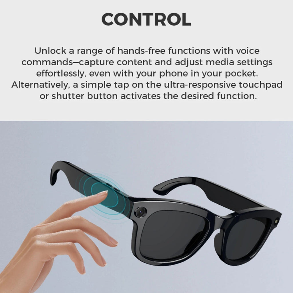 Sunglasses with a touchpad on the arm, indicating hands-free control features.