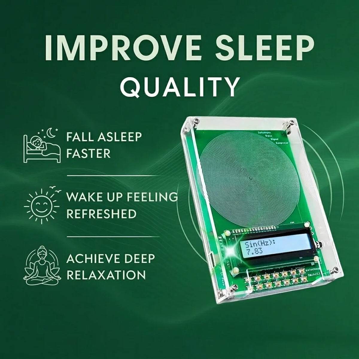 Sleep aid device with text on a green background