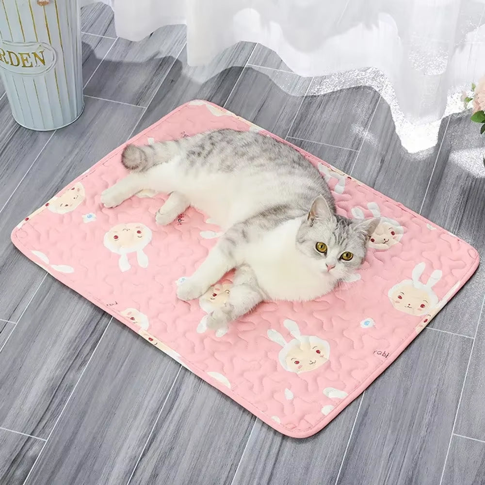 Cat lying on a pink mat with cartoon designs on a wooden floor.