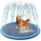 Dog playing in a blue inflatable sprinkler pad with water splashes.