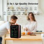 15-in-1 air quality detector on a table with people in the background
