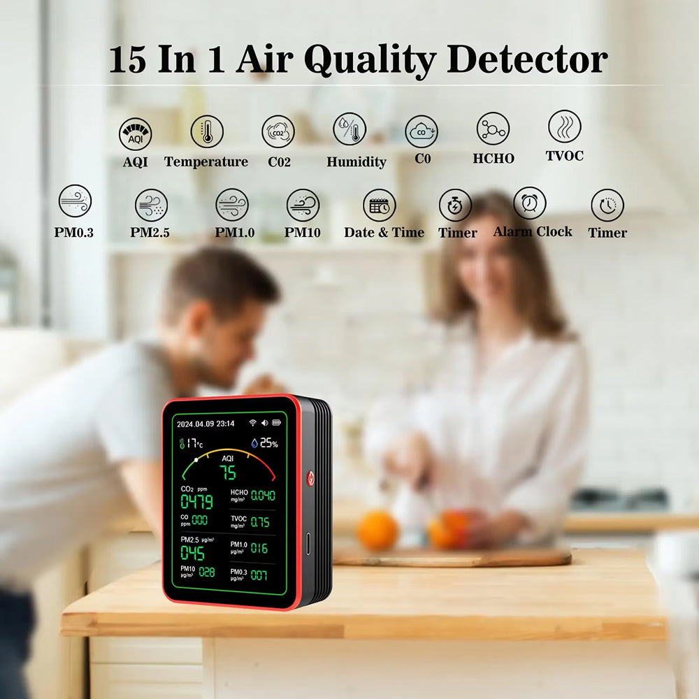 15-in-1 air quality detector on a table with people in the background