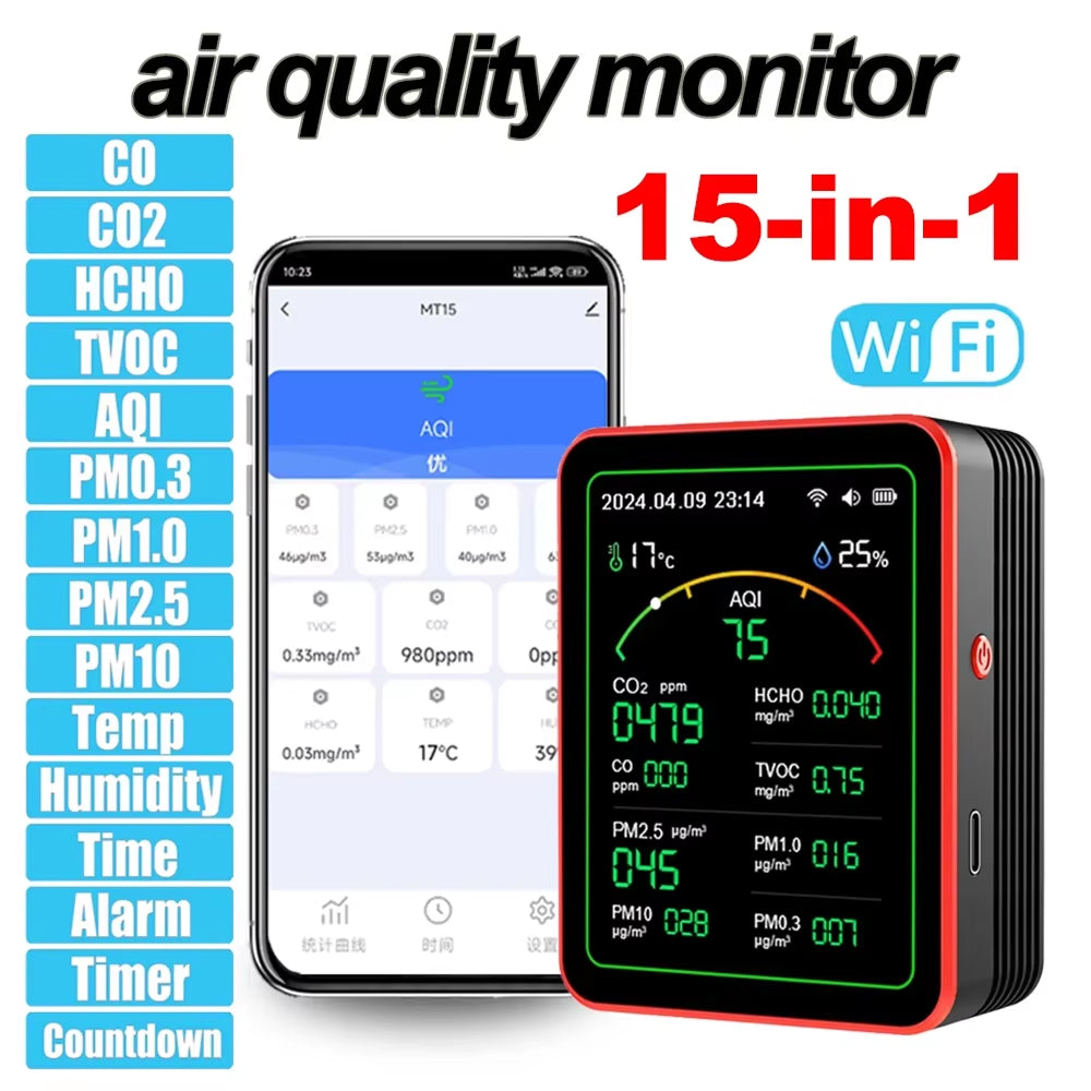 Air quality monitor with digital display and smartphone app on a white background