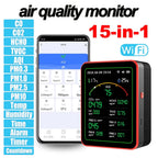 Air quality monitor with digital display and smartphone app on a white background