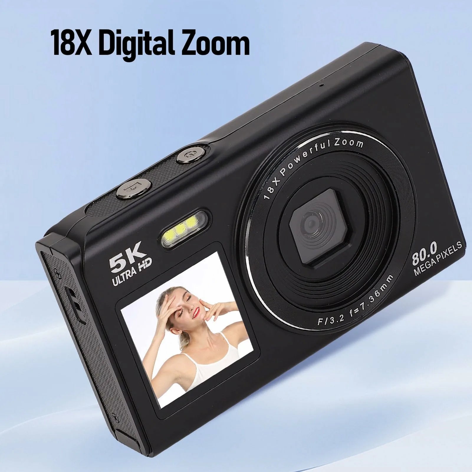 Digital camera with 18X digital zoom and 5K ultra HD capabilities on a light blue background