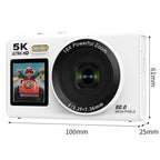 Digital camera with 5K Ultra HD and 18x zoom features, displayed on a white background.