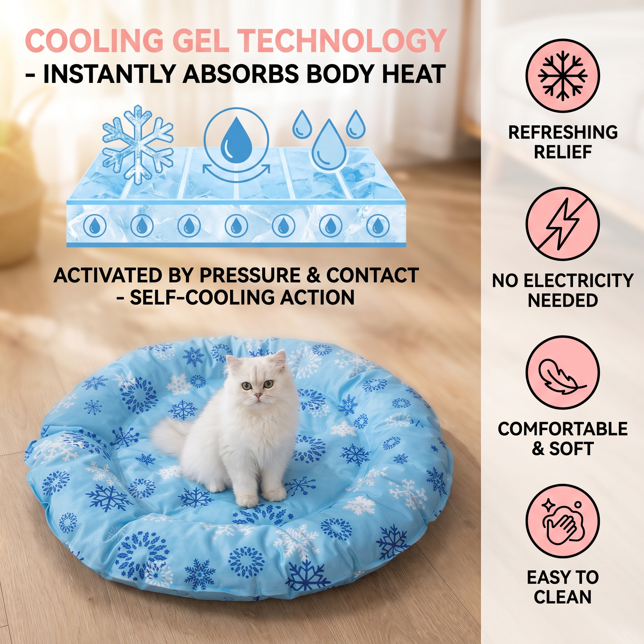 Blue cooling gel pad with a cat on it, featuring text about cooling gel technology.