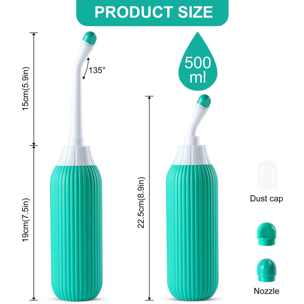 Teal and white water bottle with measurements and parts labeled on a white background