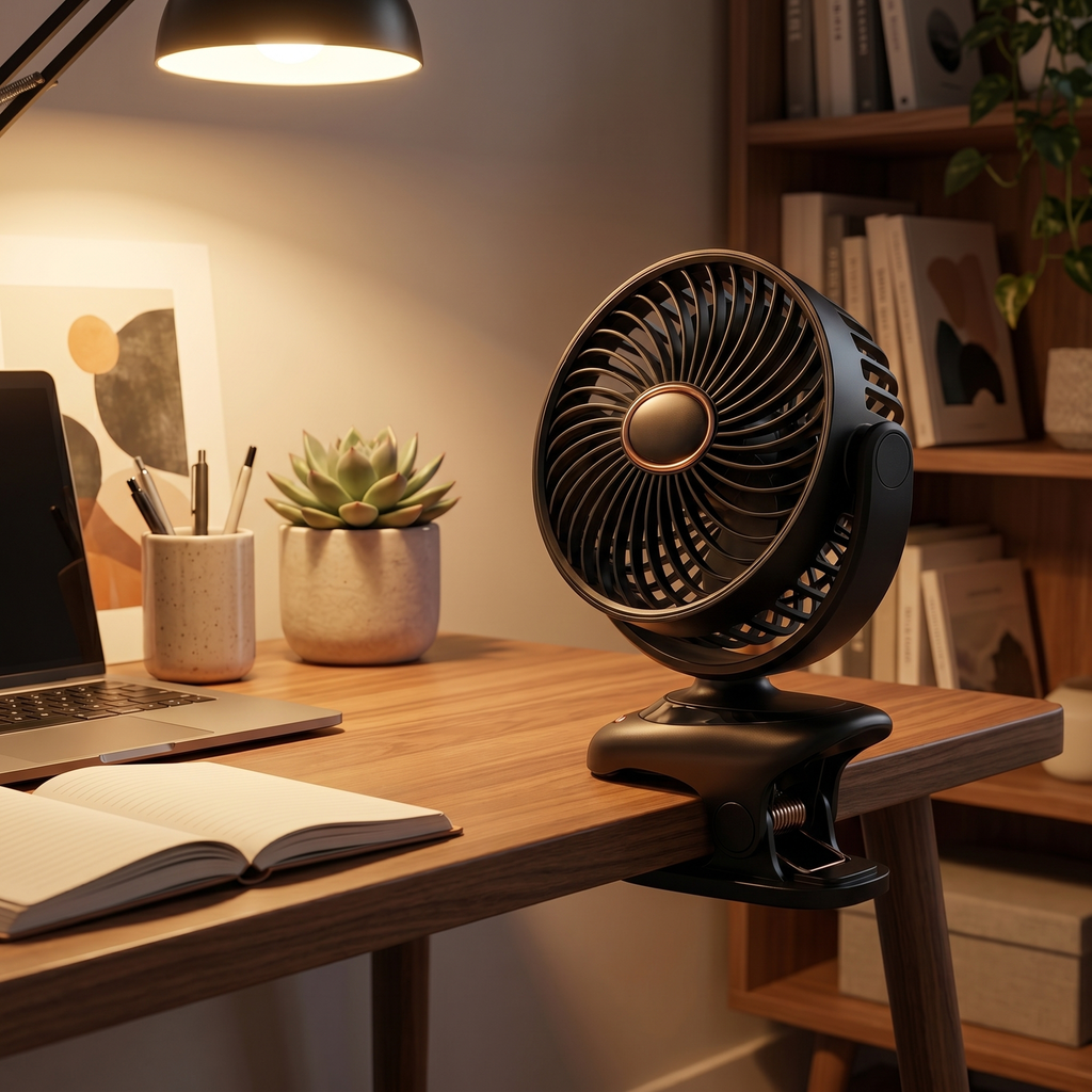 Desk with laptop, notebook, plant, and clamp fan in a cozy room setting.