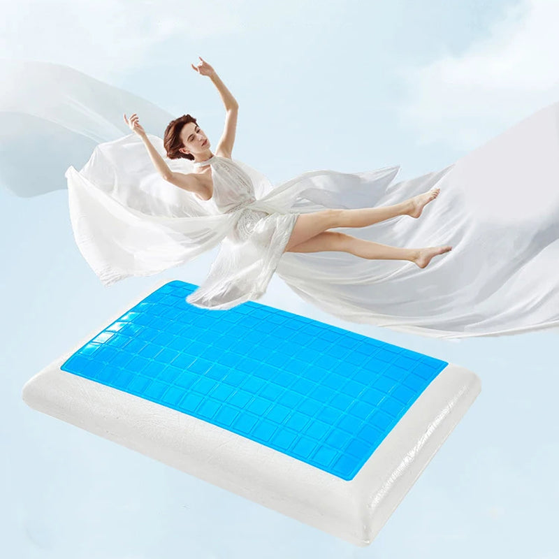 Woman in a white dress lying on a blue mattress with a light blue background