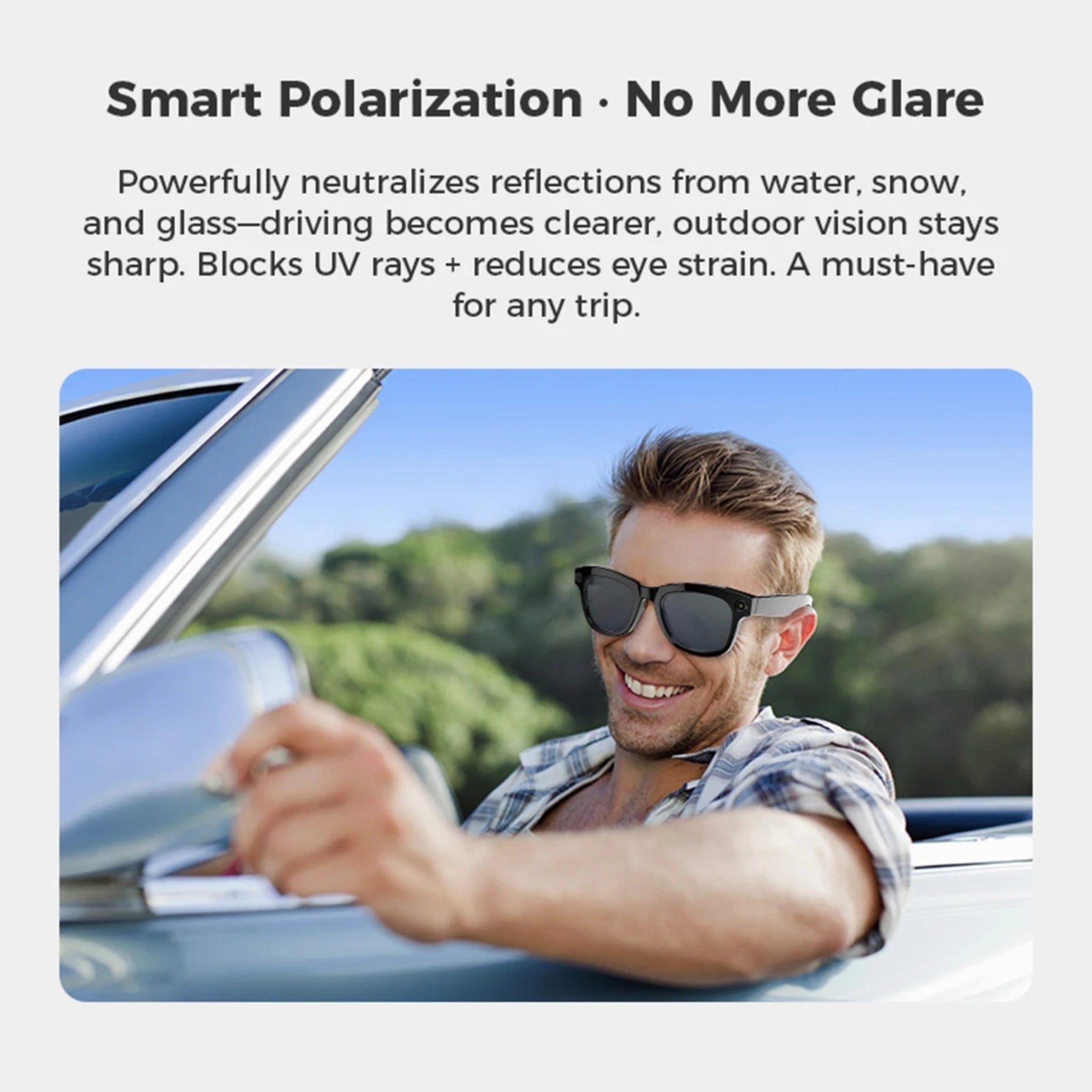Man driving a car wearing sunglasses with text about smart polarization.