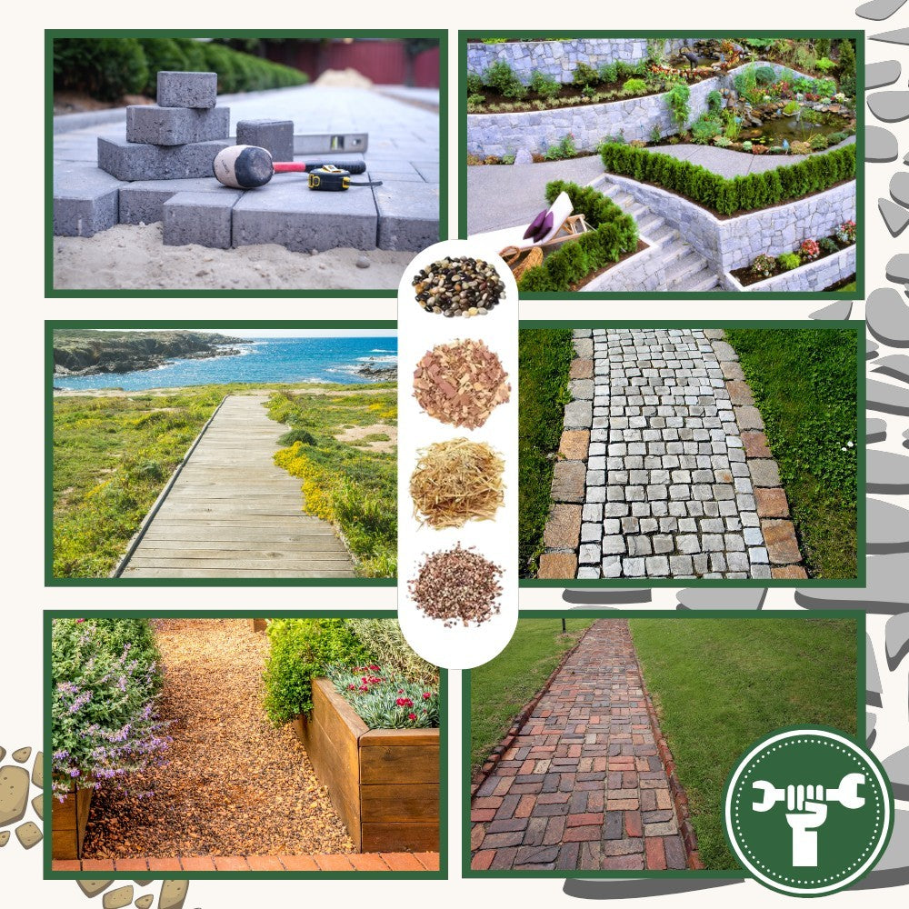 Collage of garden pathways and landscaping elements with a tool icon.
