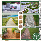 Collage of garden pathways and landscaping elements with a tool icon.