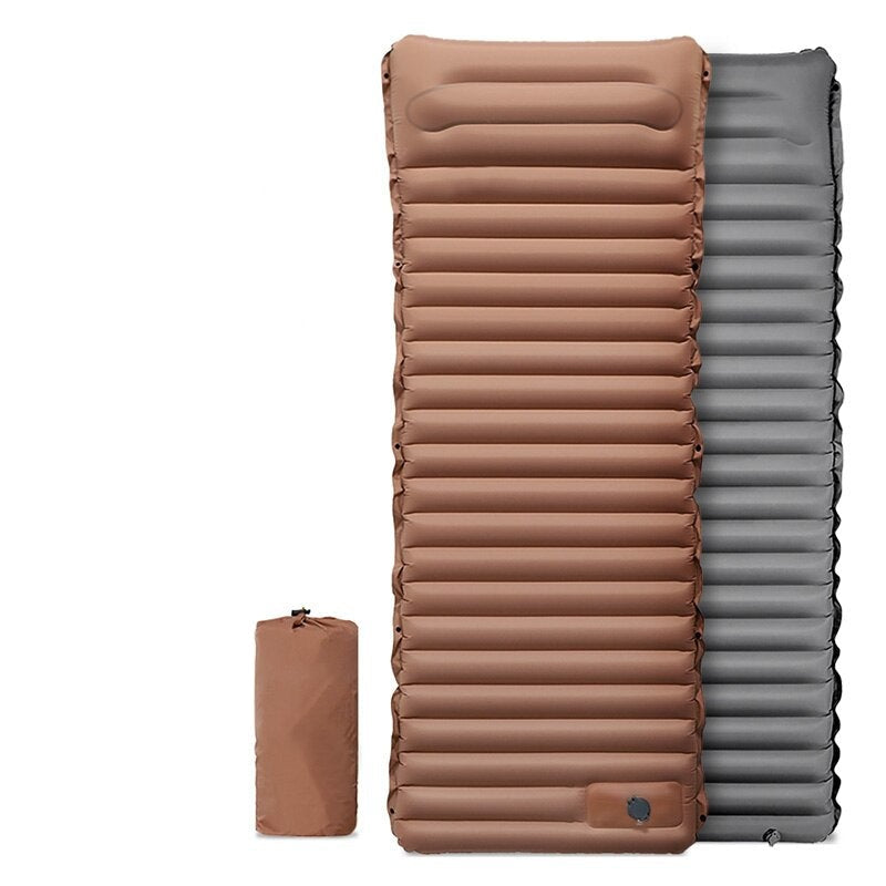 Two inflatable camping mats, one brown and one gray, on a white background.