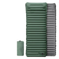 Inflatable sleeping pad with folded version and specifications on a white background
