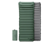 Inflatable sleeping pad with folded version and specifications on a white background
