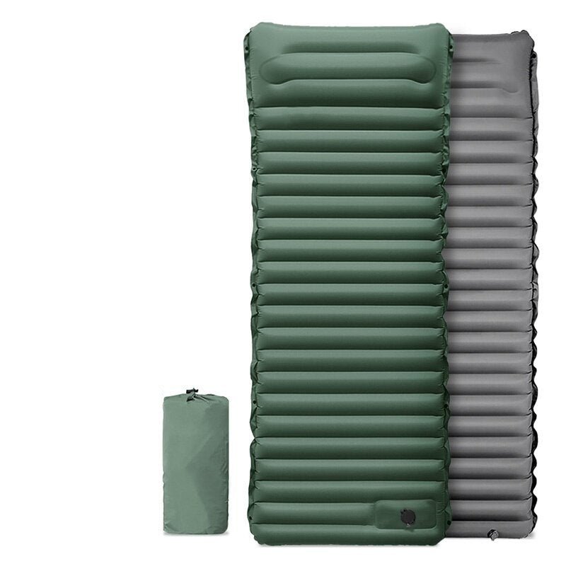 Inflatable sleeping pad with folded version and specifications on a white background