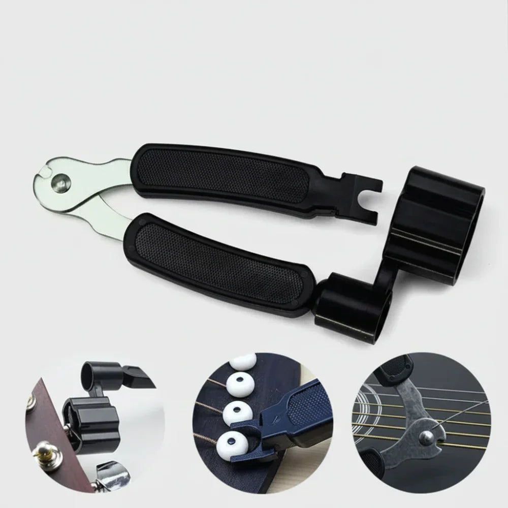 Guitar accessories including a black foot pedal and metal components on a white background.