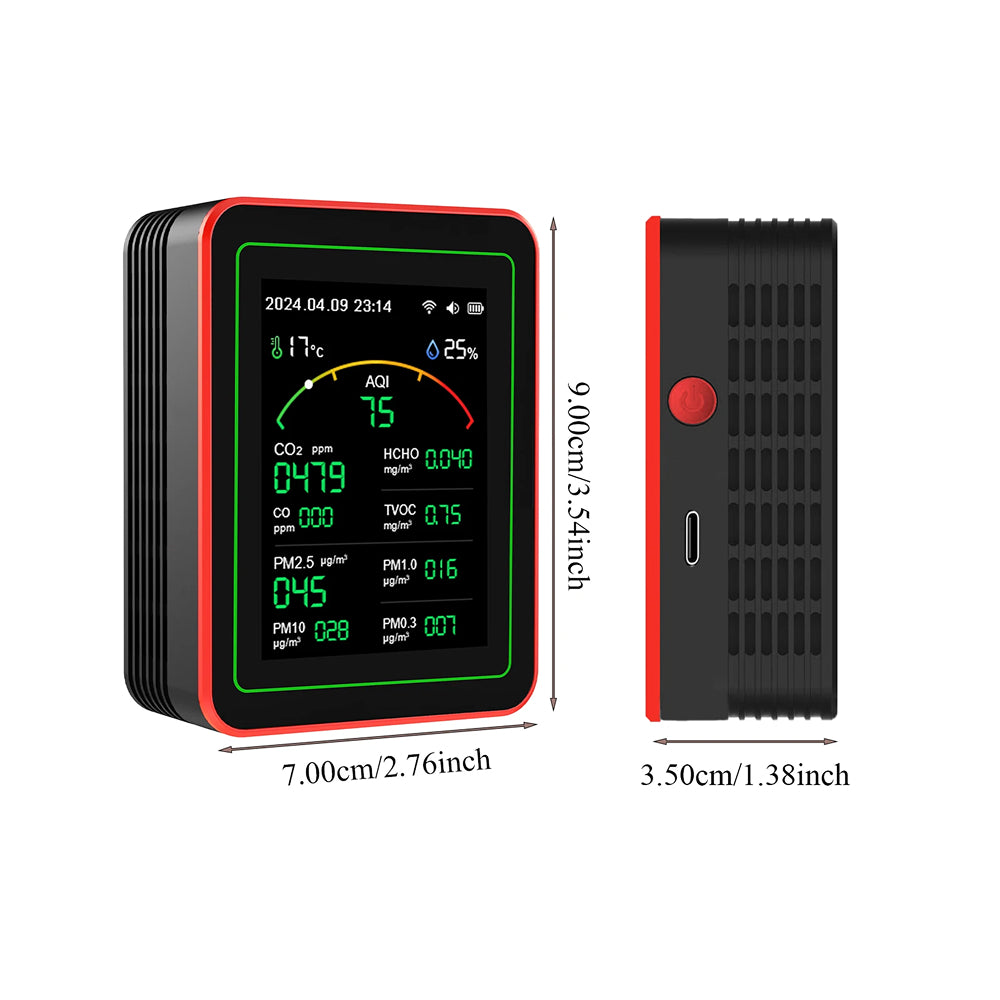 Digital air quality monitor with dimensions displayed on a white background
