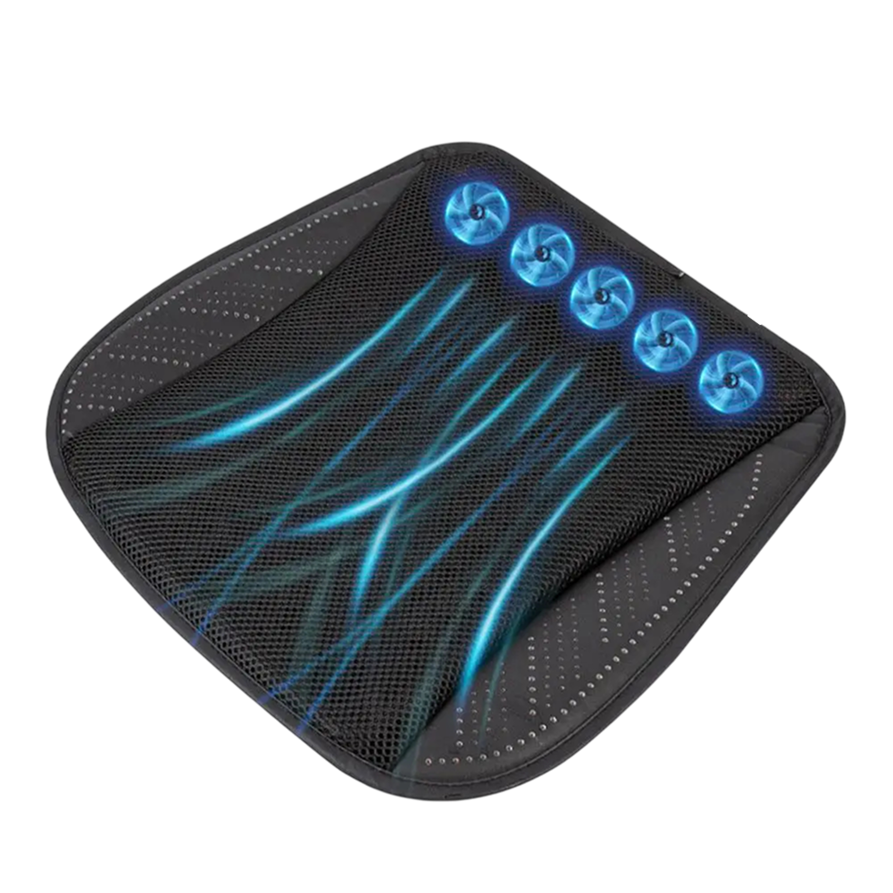 Black massage cushion with blue LED lights on a white background