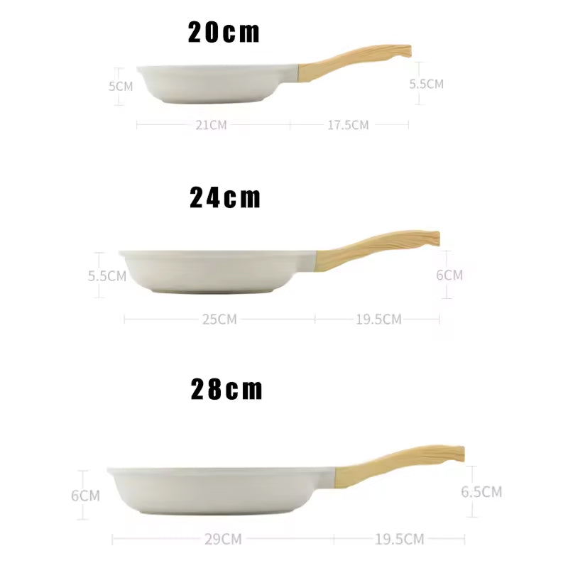 Three frying pans of different sizes with measurements on a white background