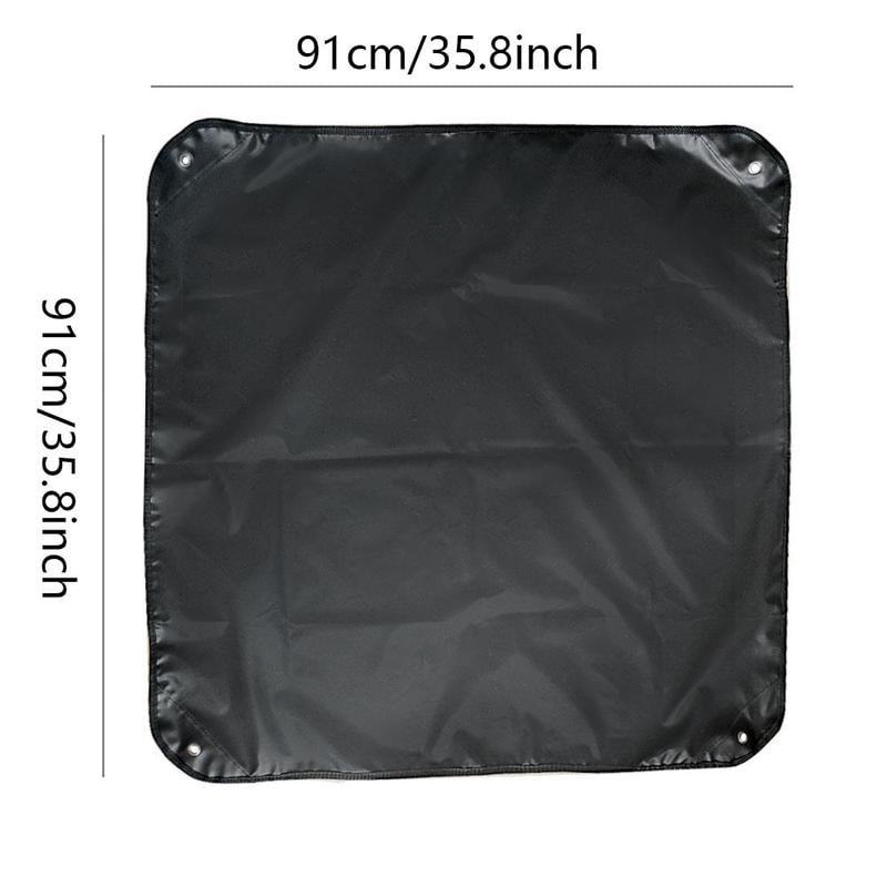 Black square mat with dimensions 91cm x 91cm on a white background