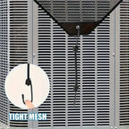 Air conditioning unit with a tight mesh cover on a gray background