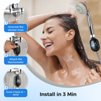 Woman showering with a digital showerhead thermometer, step-by-step instructions on how to use it.