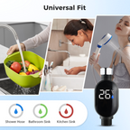 Digital temperature display with images of kitchen, bathroom, and shower use cases.
