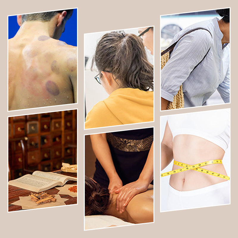 Collage of images related to massage therapy and body care.