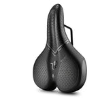 Black bicycle saddle with textured design on a white background