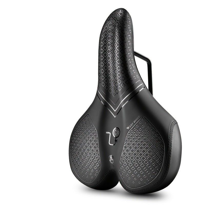 Black bicycle saddle with textured design on a white background