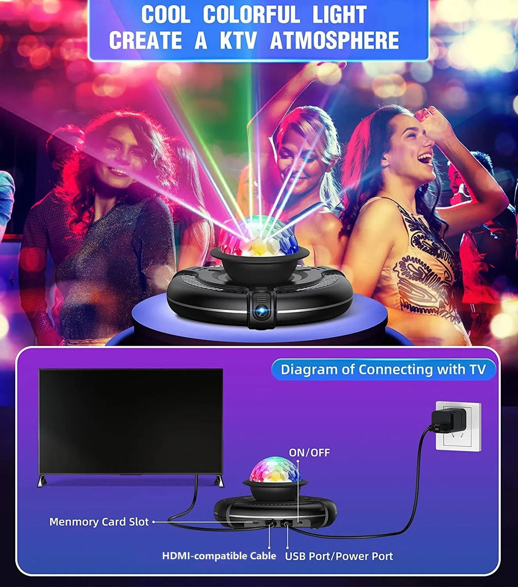 Black LED light projector with colorful lights on a blurred KTV background, showing diagram of connections.