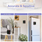 Smart device on a table, wall, and refrigerator with text about accuracy and sensitivity.
