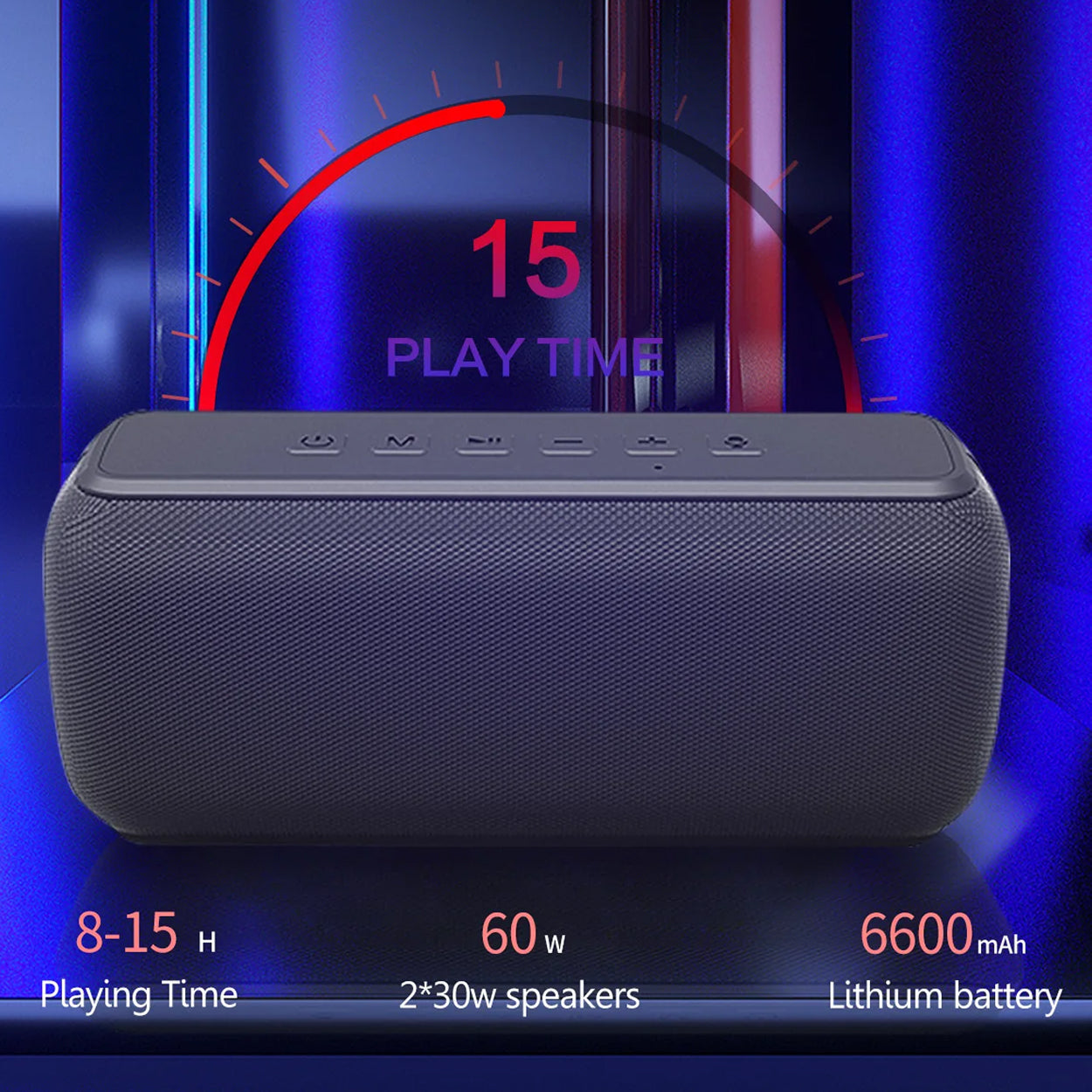 Black portable speaker with play time display on a blue background