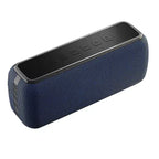Blue portable speaker with control buttons on a white background