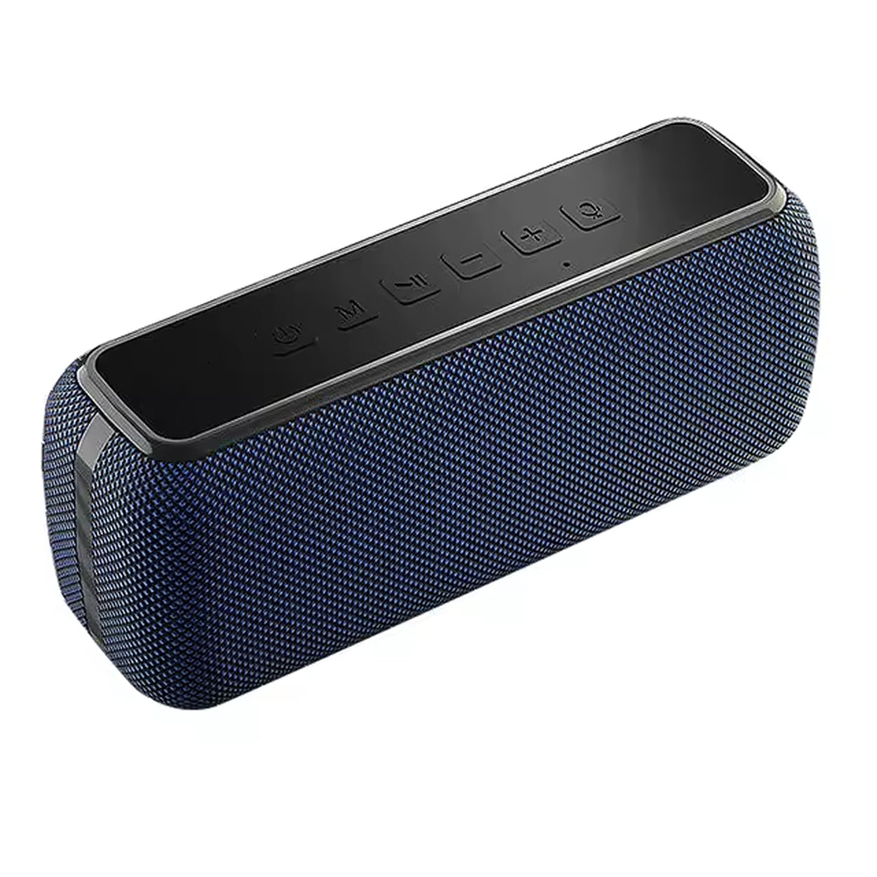 Blue portable speaker with control buttons on a white background