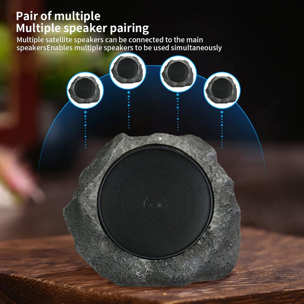 Rock-style speaker with multiple satellite speakers on a wooden surface