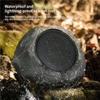 Waterproof outdoor speaker with text about its durability in wet conditions