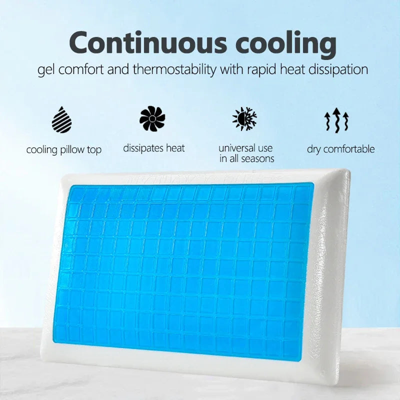 Cooling gel pillow with text highlighting features on a light blue background