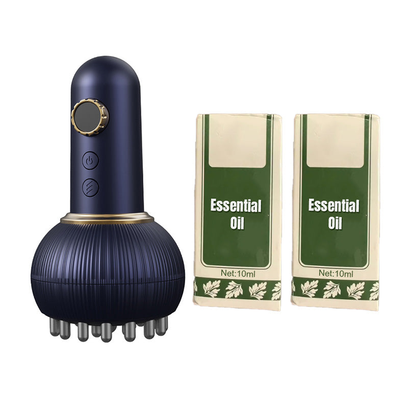 Black handheld device with metallic nozzles and two green boxes labeled 'Essential Oil' on a white background.