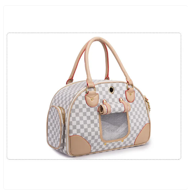 Checkered pet carrier with beige accents on a white background