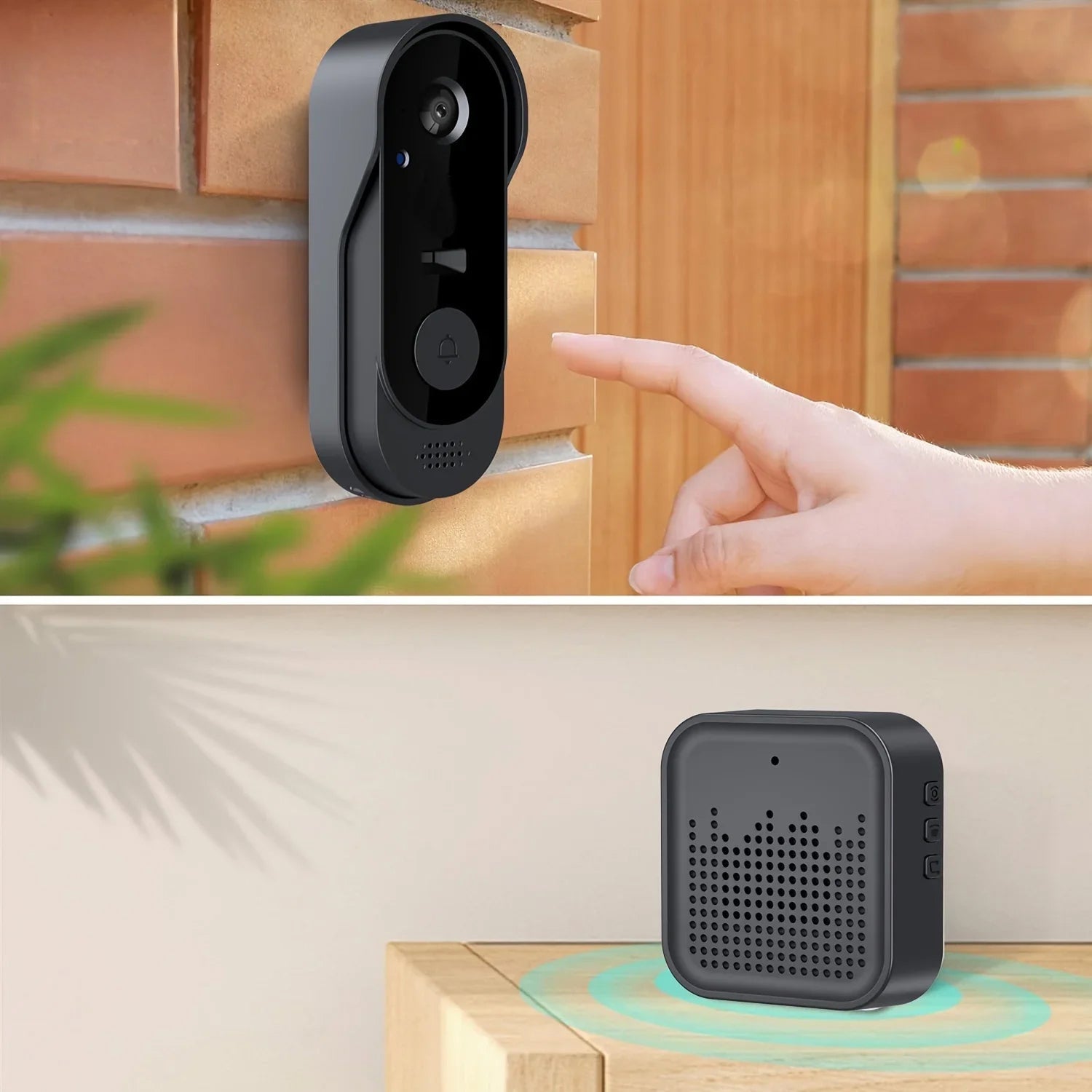 Smart doorbell and speaker device with a hand pressing a button on a wooden surface.