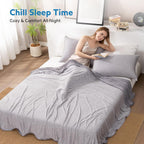 Woman reading a book under a gray blanket on a bed with 'Chill Sleep Time' branding.