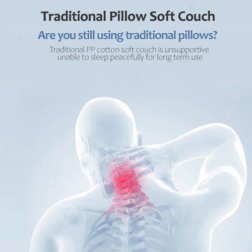 Advertisement for a soft couch with text about traditional pillows and neck pain.