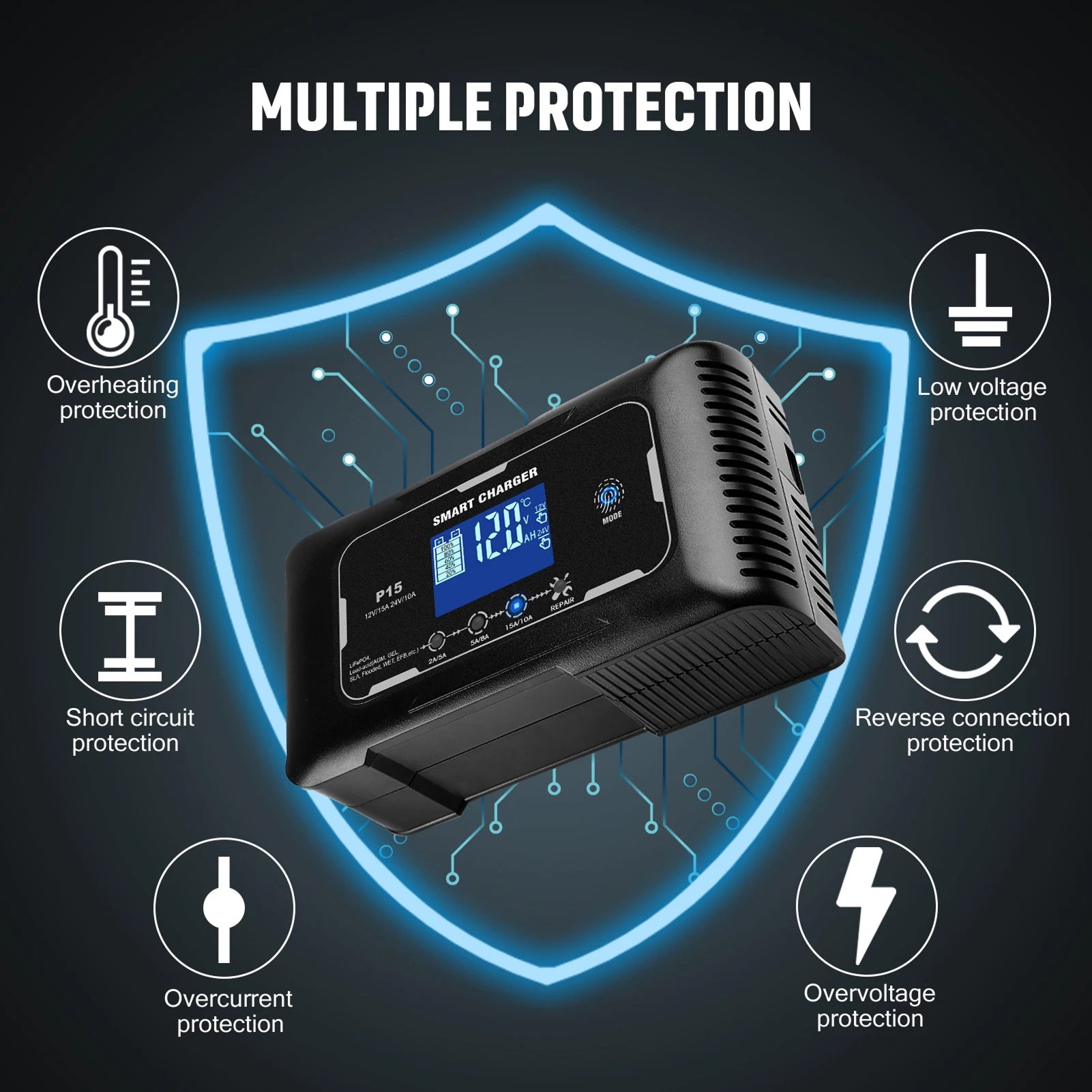 Smart charger with multiple protection features on a dark background