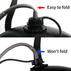 Comparison of a flexible hose that is easy to fold and one that won't fold, with labeled arrows and text.