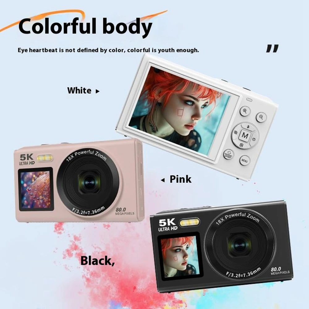 Three digital cameras in white, pink, and black with a colorful body theme.